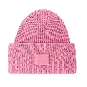 Acne studios Pink Ribbed Knit Beanie with Minimal Face Patch NWT